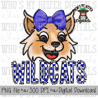 Blue & White Wildcat PNG Hand Drawn Wildcat with Bow Sublimation PNG Game Day Shirt Designs School Spirit PNG Checkered Wildcats Doodle Art