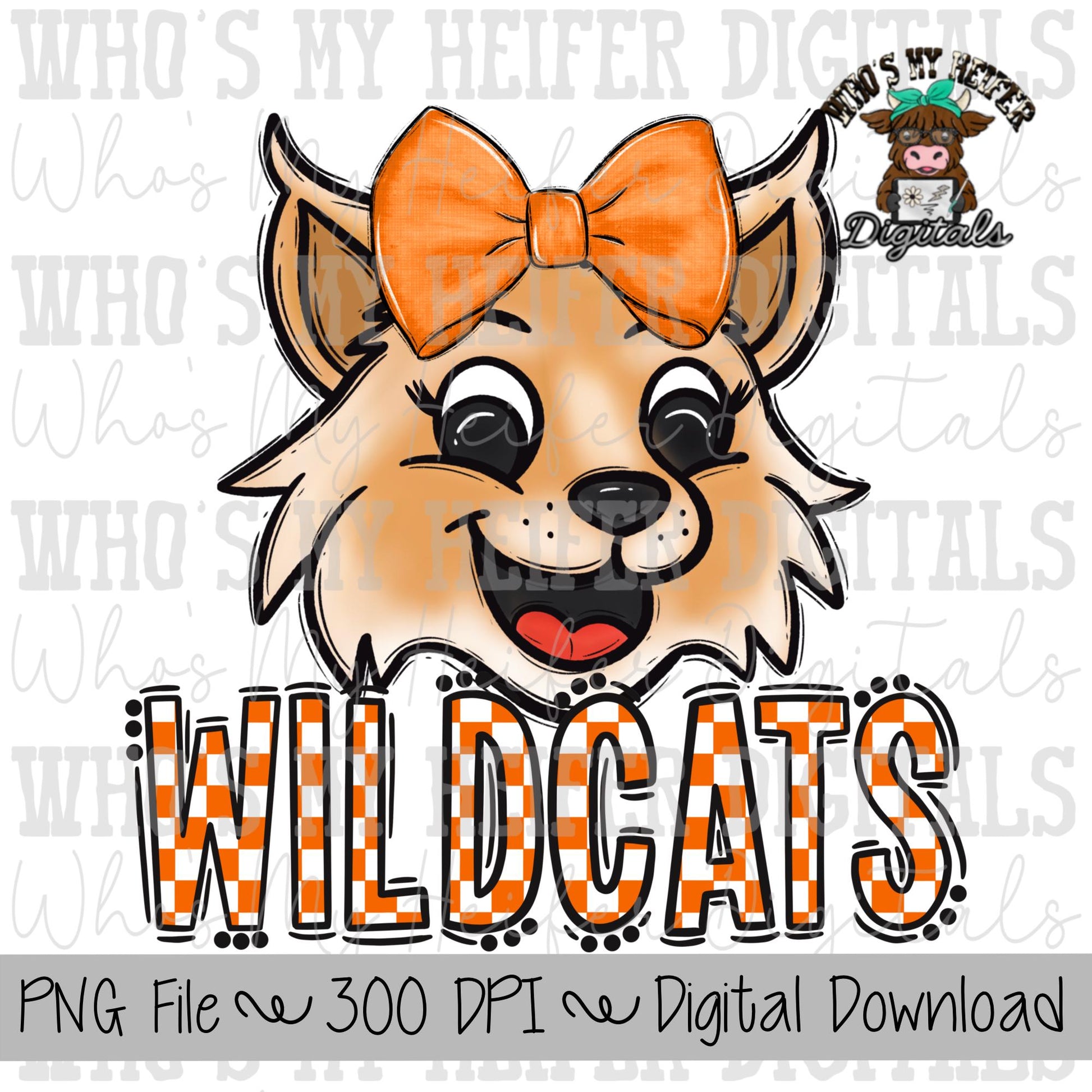 Orange & White Wildcat PNG Hand Drawn Wildcat with Bow Sublimation PNG Game Day Shirt Design School Spirit PNG Checkered Wildcats Doodle Art