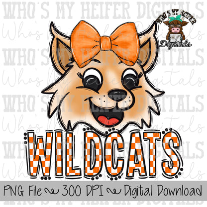 Orange & White Wildcat PNG Hand Drawn Wildcat with Bow Sublimation PNG Game Day Shirt Design School Spirit PNG Checkered Wildcats Doodle Art
