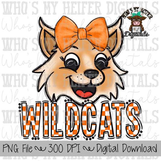 Orange & White Wildcat PNG Hand Drawn Wildcat with Bow Sublimation PNG Game Day Shirt Design School Spirit PNG Checkered Wildcats Doodle Art