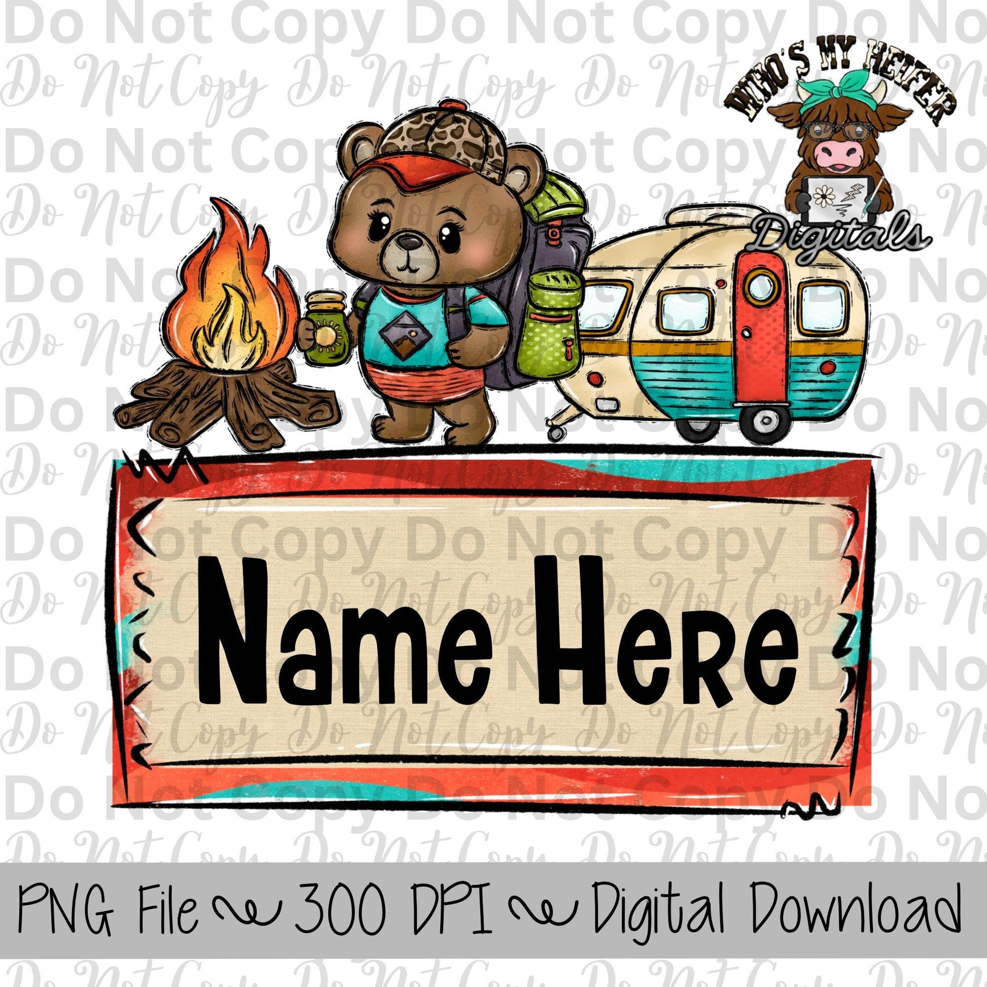 Whimsical Camping with Name Plate PNG File Hand Drawn Bear, Camper, & Campfire Clipart Kids Camping Sublimation Design Hiking Shirt Designs