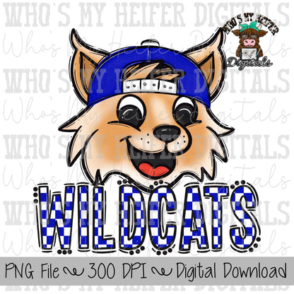 Blue & White Wildcat PNG Hand Drawn Wildcat with Hat Sublimation PNG Game Day Shirt Design School Spirit PNG Checkered Wildcats Doodle Art