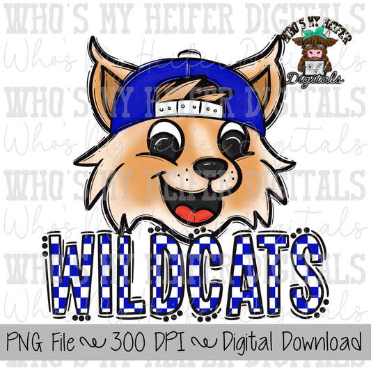 Blue & White Wildcat PNG Hand Drawn Wildcat with Hat Sublimation PNG Game Day Shirt Design School Spirit PNG Checkered Wildcats Doodle Art