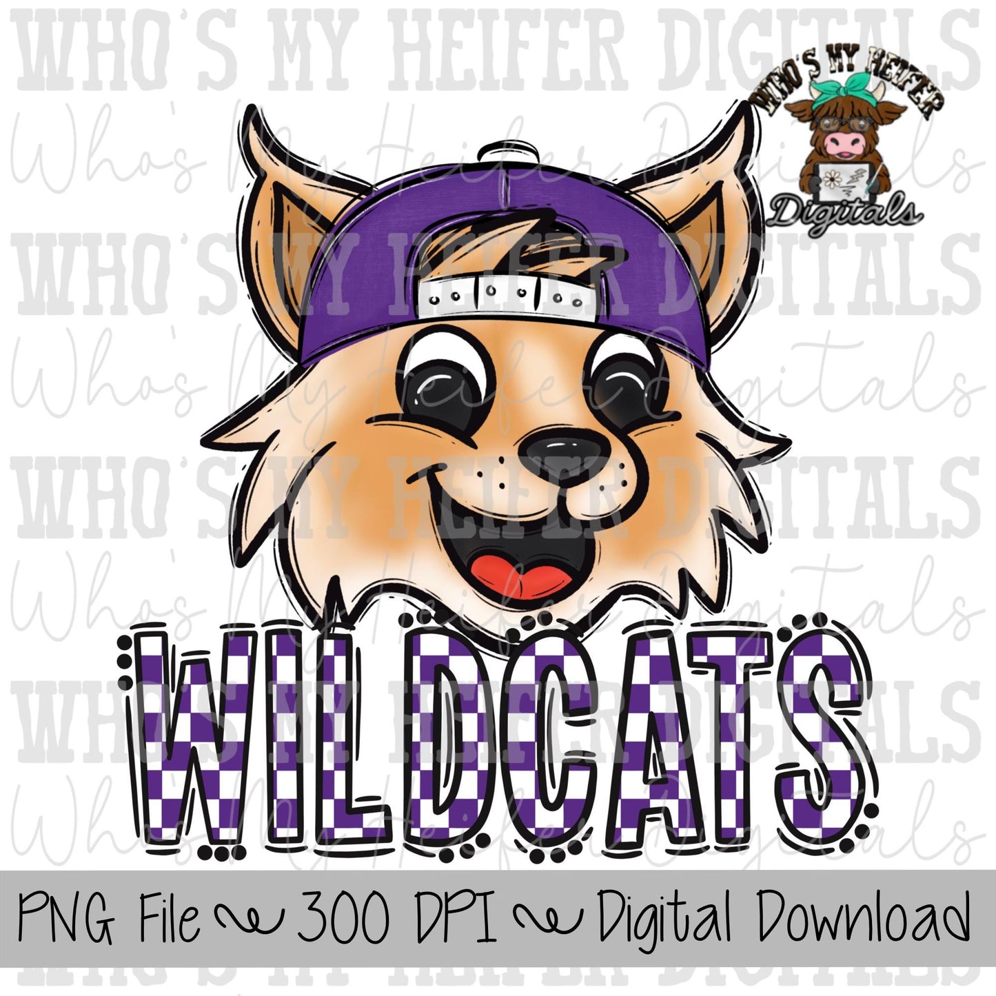 Purple & White Wildcat PNG Hand Drawn Wildcat with Hat Sublimation PNG Game Day Shirt Design School Spirit PNG Checkered Wildcats Doodle Art