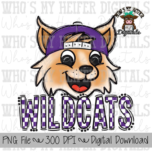 Purple & White Wildcat PNG Hand Drawn Wildcat with Hat Sublimation PNG Game Day Shirt Design School Spirit PNG Checkered Wildcats Doodle Art