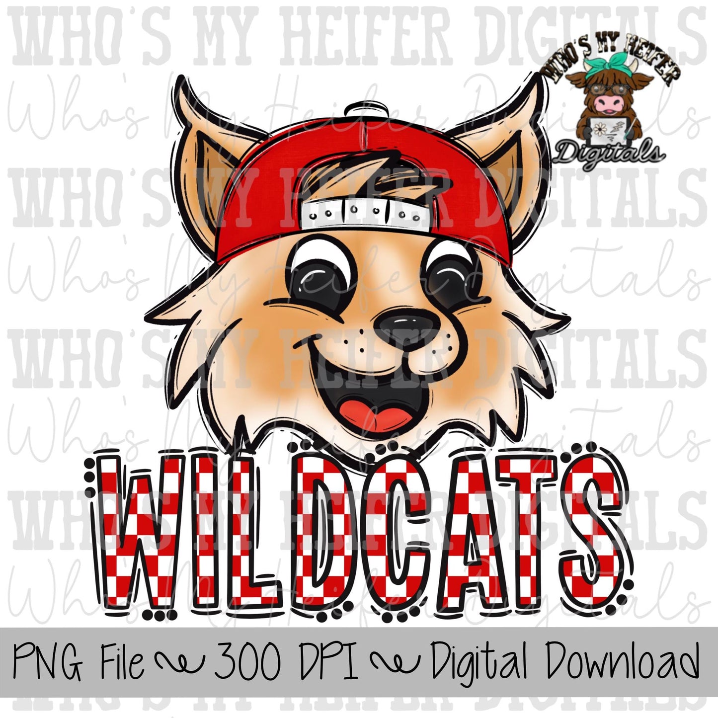 Red & White Wildcat PNG Hand Drawn Wildcat with Hat Sublimation PNG Game Day Shirt Designs School Spirit PNG Checkered Wildcats Doodle Art