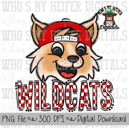 Red & White Wildcat PNG Hand Drawn Wildcat with Hat Sublimation PNG Game Day Shirt Designs School Spirit PNG Checkered Wildcats Doodle Art
