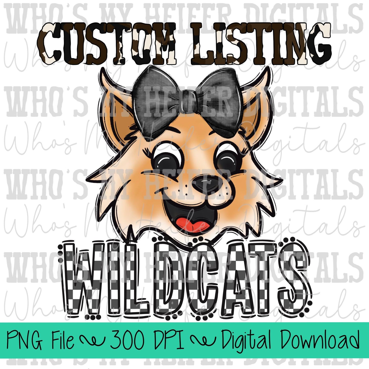 Custom Mascot PNG Hand Drawn Mascot with Bow Sublimation PNG Game Day Shirt Design School Spirit PNG Checkered Mascot Doodle Art