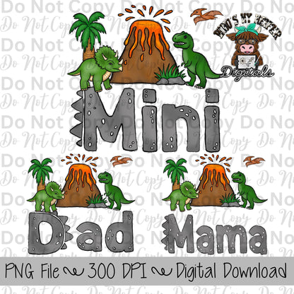 Dinosaur Family PNG File Hand Drawn Dinosaur and Volcano Dad and Mini Sublimation File Family Matching Shirt Design Mama and Me Digital Art