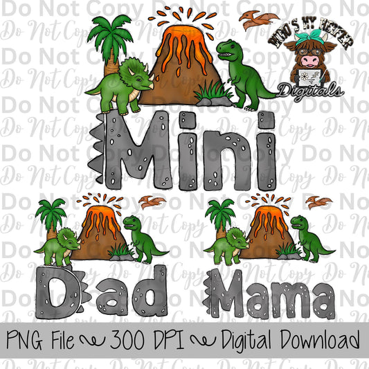Dinosaur Family PNG File Hand Drawn Dinosaur and Volcano Dad and Mini Sublimation File Family Matching Shirt Design Mama and Me Digital Art