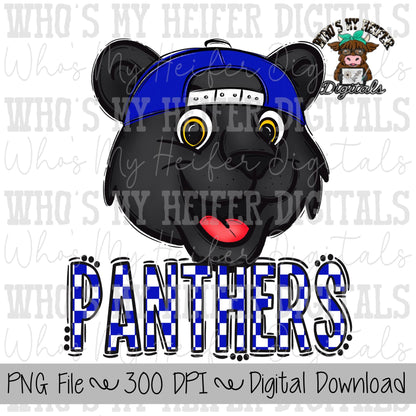 Blue & White Panthers PNG Hand Drawn Panther with Hat Sublimation PNG Game Day Shirt Design School Spirit PNG Checkered Panther Doodle Art