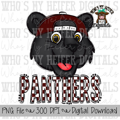 Maroon & White Panthers PNG Hand Drawn Panther with Hat Sublimation PNG Game Day Shirt Design School Spirit PNG Checkered Panther Doodle Art