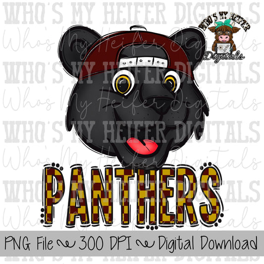 Maroon & Gold Panthers PNG Hand Drawn Panther with Hat Sublimation PNG Game Day Shirt Design School Spirit PNG Checkered Panther Doodle Art