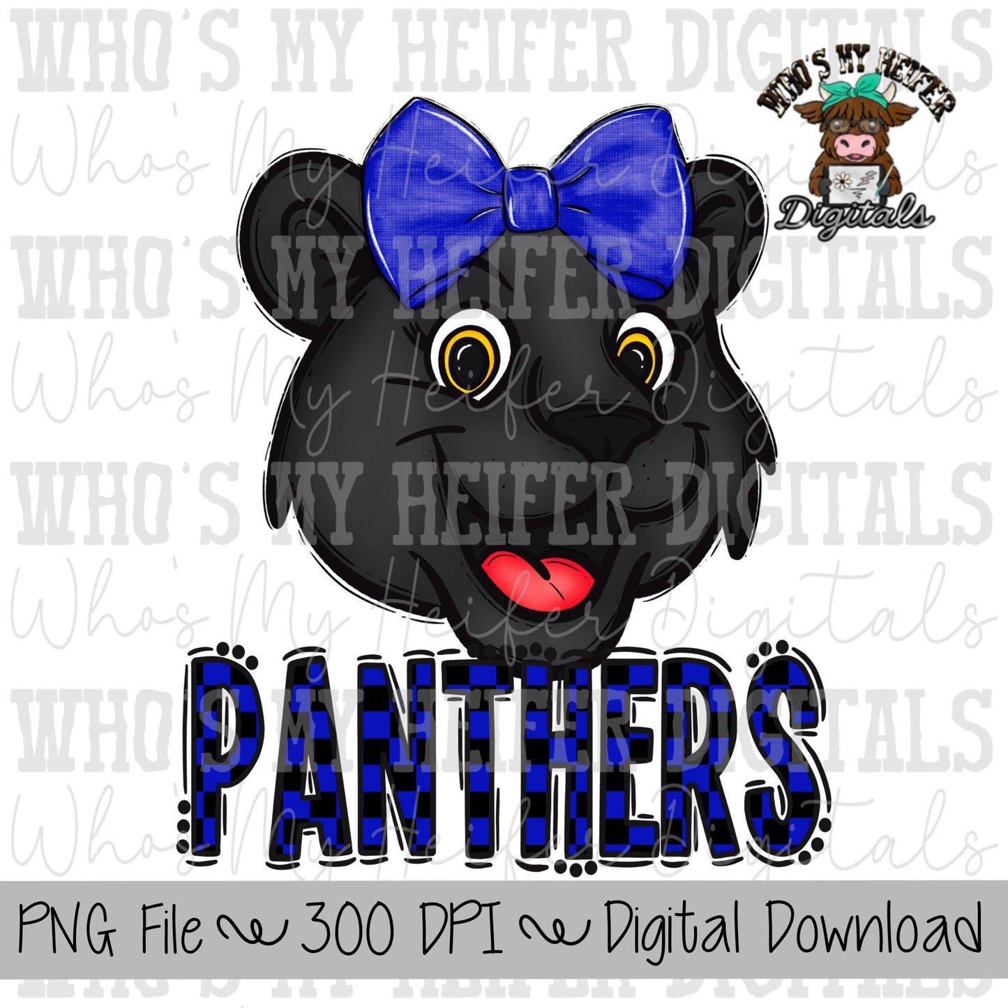 Blue & Black Panthers PNG Hand Drawn Panther with Bow Sublimation PNG Game Day Shirt Design School Spirit PNG Checkered Panther Doodle Art