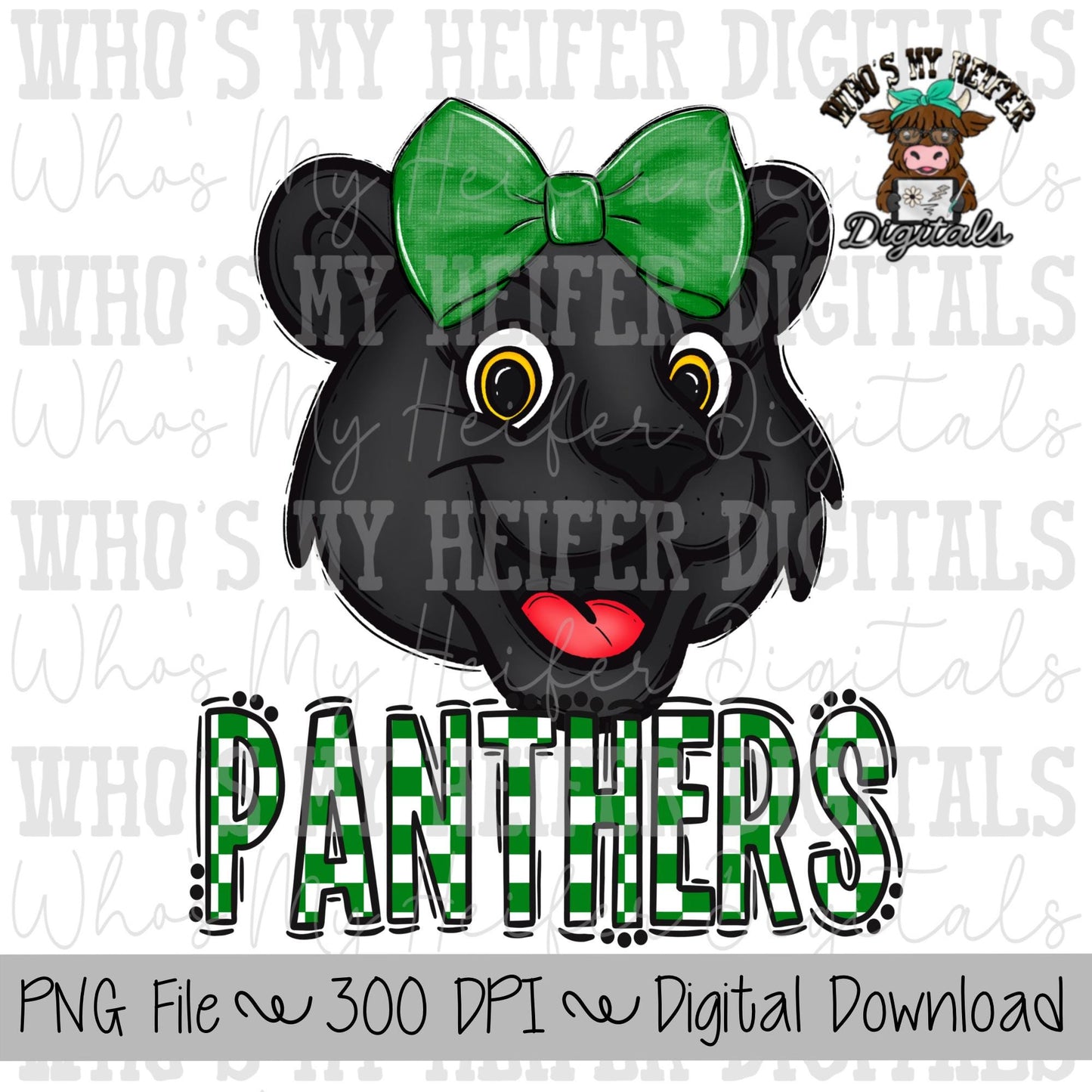 Green & White Panthers PNG Hand Drawn Panther with Bow Sublimation PNG Game Day Shirt Design School Spirit PNG Checkered Panther Doodle Art