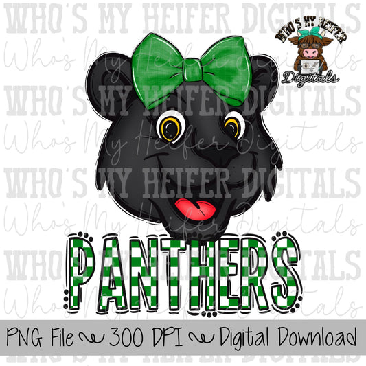 Green & White Panthers PNG Hand Drawn Panther with Bow Sublimation PNG Game Day Shirt Design School Spirit PNG Checkered Panther Doodle Art