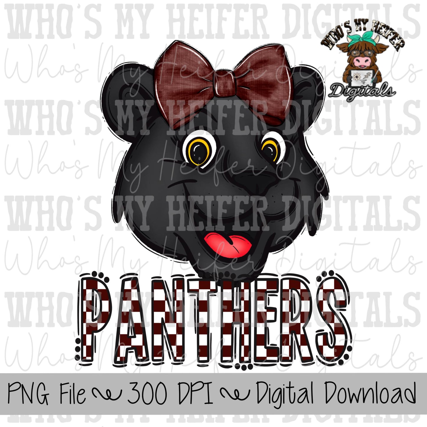 Maroon & White Panthers PNG Hand Drawn Panther with Bow Sublimation PNG Game Day Shirt Design School Spirit PNG Checkered Panther Doodle Art