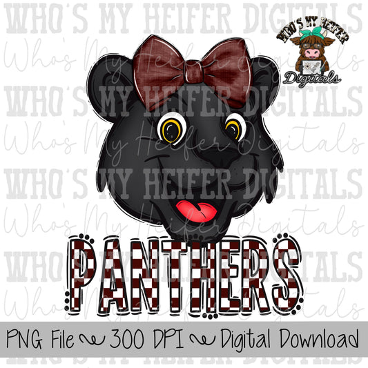 Maroon & White Panthers PNG Hand Drawn Panther with Bow Sublimation PNG Game Day Shirt Design School Spirit PNG Checkered Panther Doodle Art