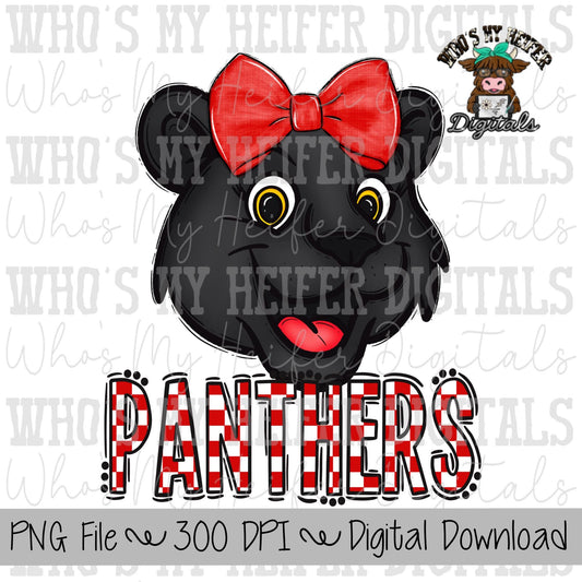 Red & White Panthers PNG Hand Drawn Panther with Bow Sublimation PNG Game Day Shirt Design School Spirit PNG Checkered Panther Doodle Art