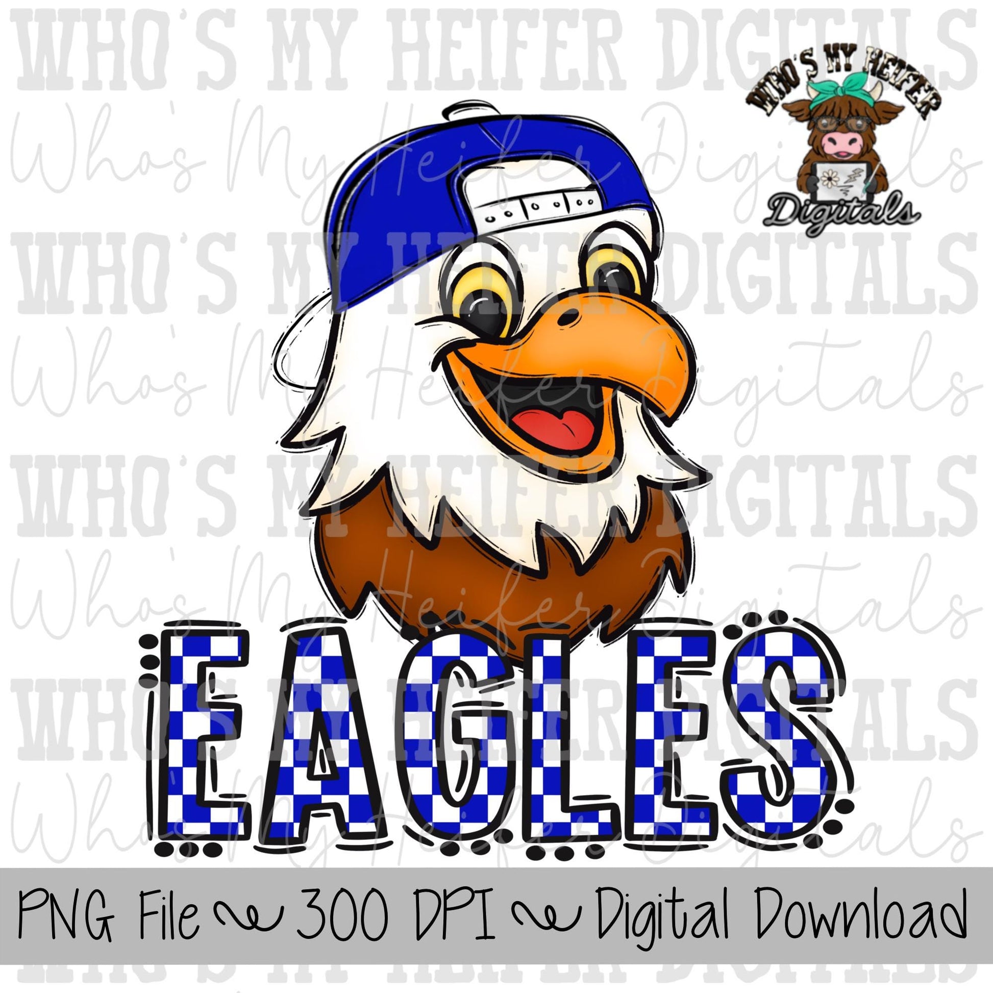 Blue & White Eagles PNG Hand Drawn Eagle with Hat Sublimation PNG Game Day Shirt Design School Spirit PNG Checkered Eagle Doodle Art