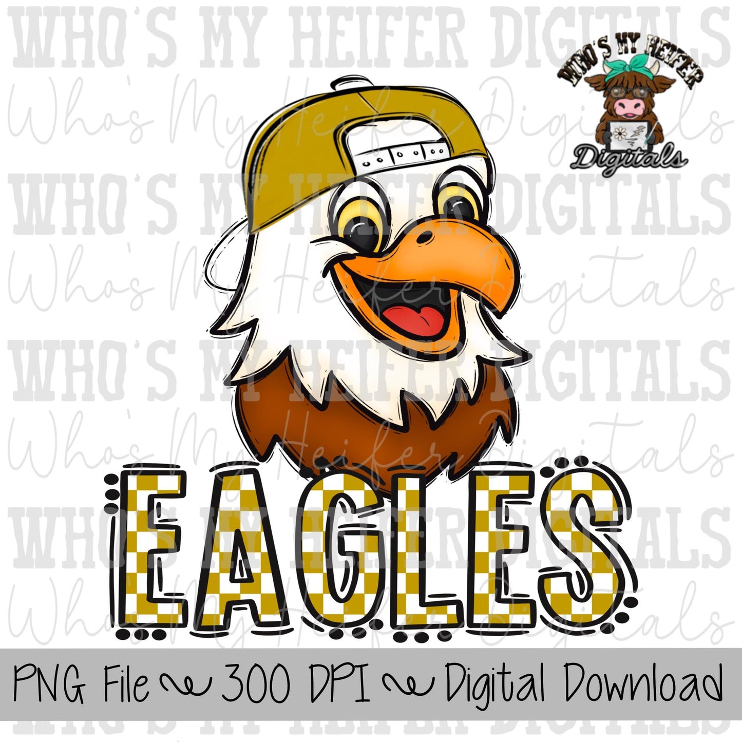 Gold & White Eagles PNG Hand Drawn Eagle with Hat Sublimation PNG Game Day Shirt Design School Spirit PNG Checkered Eagle Doodle Art