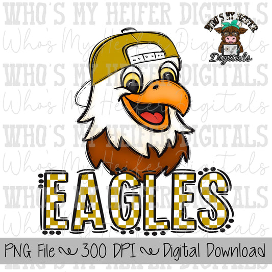 Gold & White Eagles PNG Hand Drawn Eagle with Hat Sublimation PNG Game Day Shirt Design School Spirit PNG Checkered Eagle Doodle Art