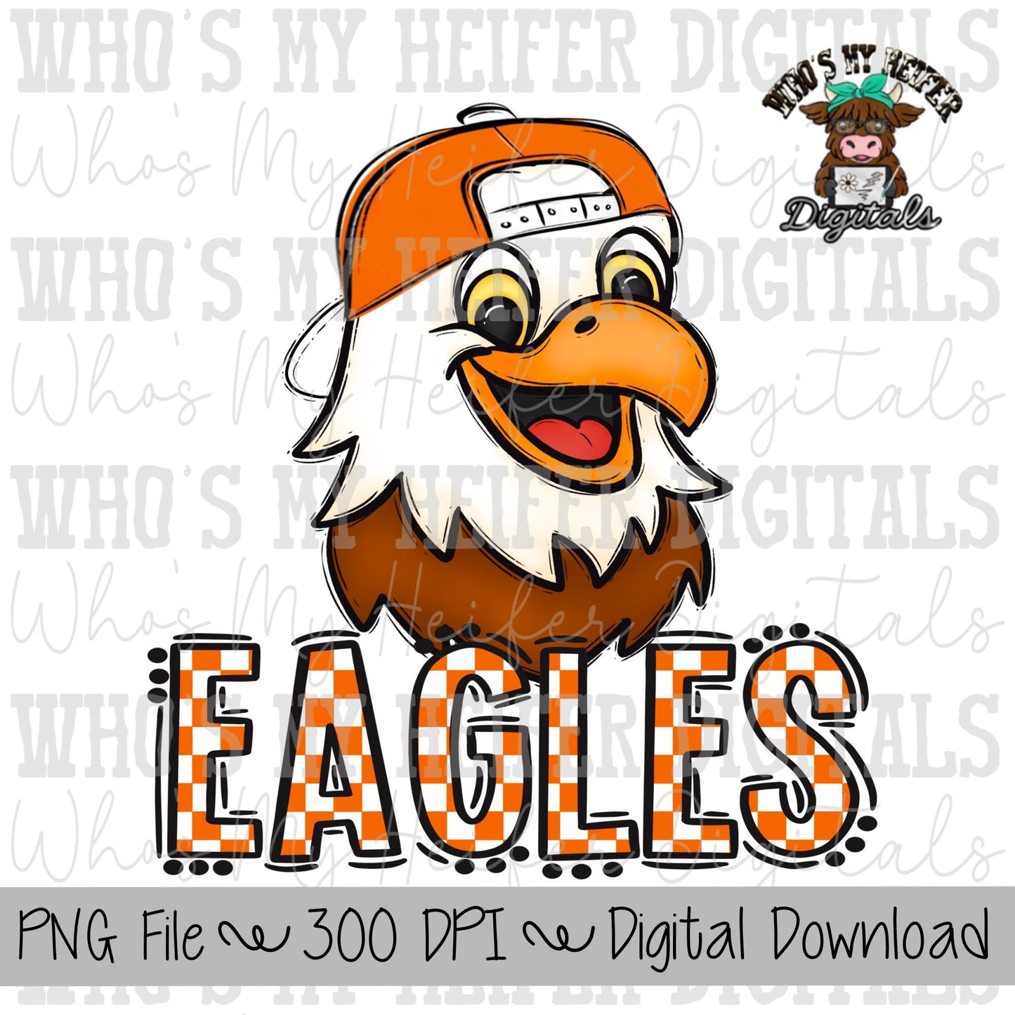 Orange & White Eagles PNG Hand Drawn Eagle with Hat Sublimation PNG Game Day Shirt Design School Spirit PNG Checkered Eagle Doodle Art