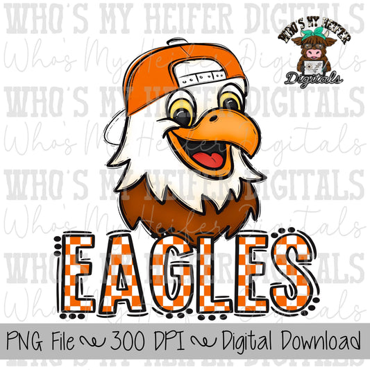 Orange & White Eagles PNG Hand Drawn Eagle with Hat Sublimation PNG Game Day Shirt Design School Spirit PNG Checkered Eagle Doodle Art