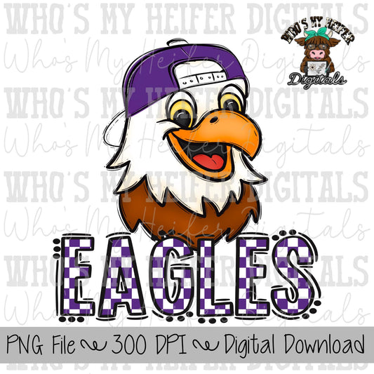 Purple & White Eagles PNG Hand Drawn Eagle with Hat Sublimation PNG Game Day Shirt Design School Spirit PNG Checkered Eagle Doodle Art