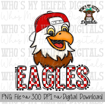 Red & White Eagles PNG Hand Drawn Eagle with Hat Sublimation PNG Game Day Shirt Design School Spirit PNG Checkered Eagle Doodle Art