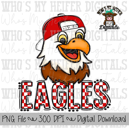 Red & White Eagles PNG Hand Drawn Eagle with Hat Sublimation PNG Game Day Shirt Design School Spirit PNG Checkered Eagle Doodle Art