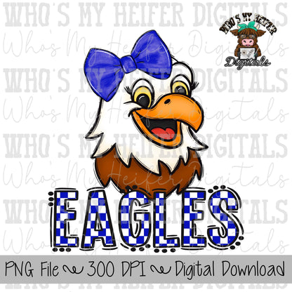 Blue & White Eagles PNG Hand Drawn Eagle with Bow Sublimation PNG Game Day Shirt Design School Spirit PNG Checkered Eagle Doodle Art
