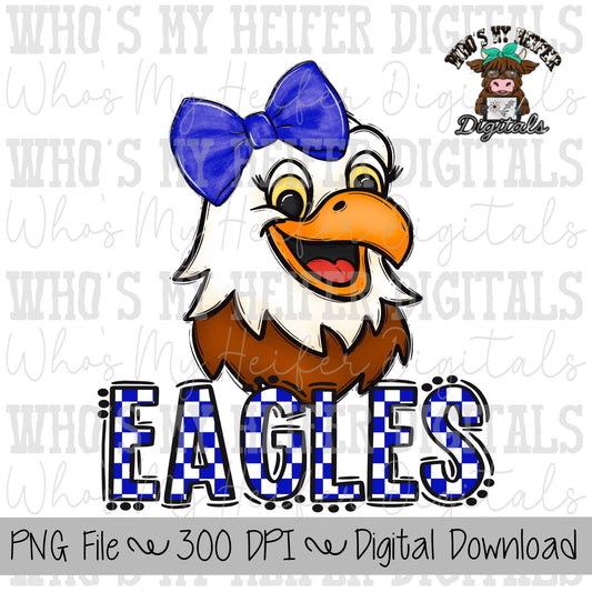 Blue & White Eagles PNG Hand Drawn Eagle with Bow Sublimation PNG Game Day Shirt Design School Spirit PNG Checkered Eagle Doodle Art