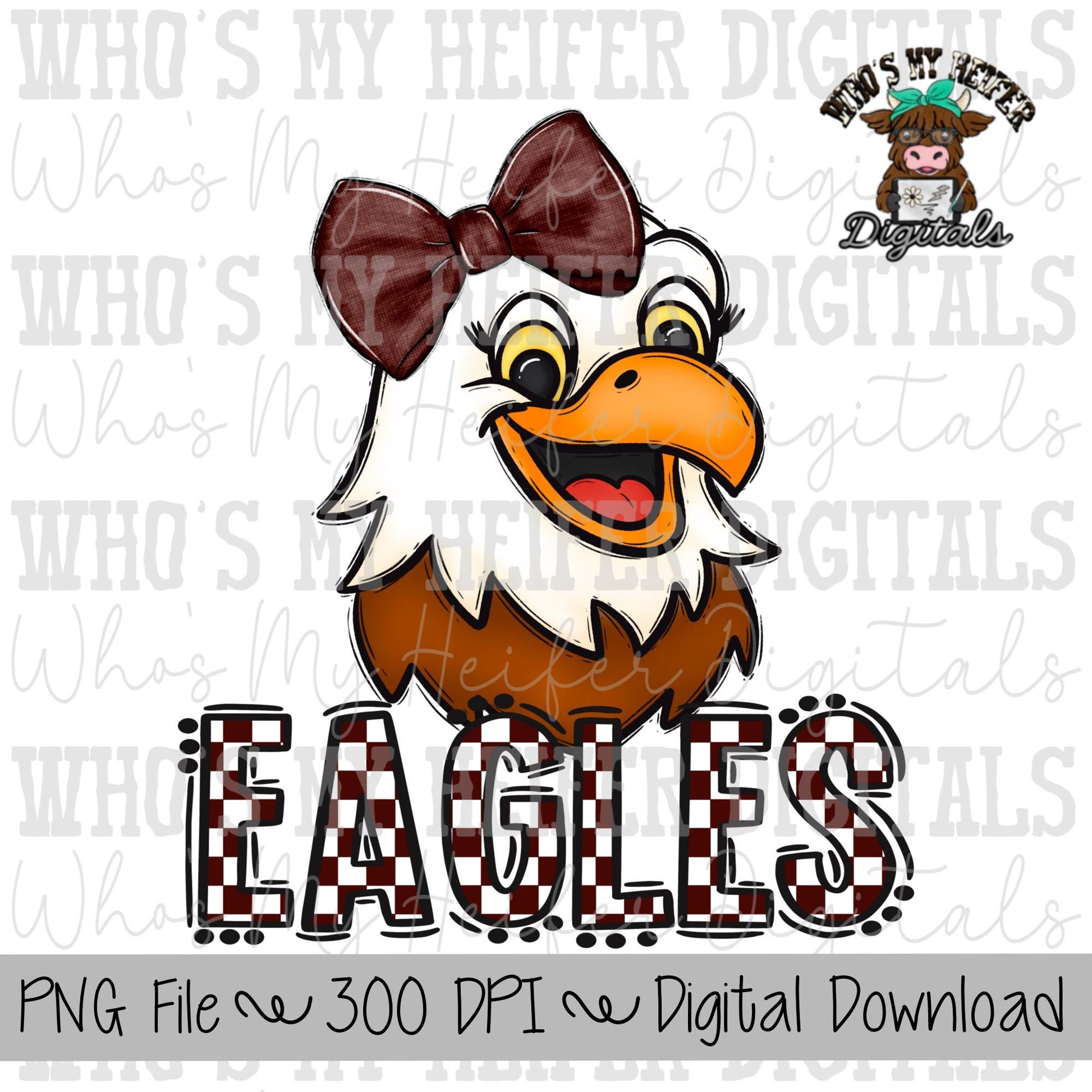 Maroon & White Eagles PNG Hand Drawn Eagle with Bow Sublimation PNG Game Day Shirt Design School Spirit PNG Checkered Eagle Doodle Art