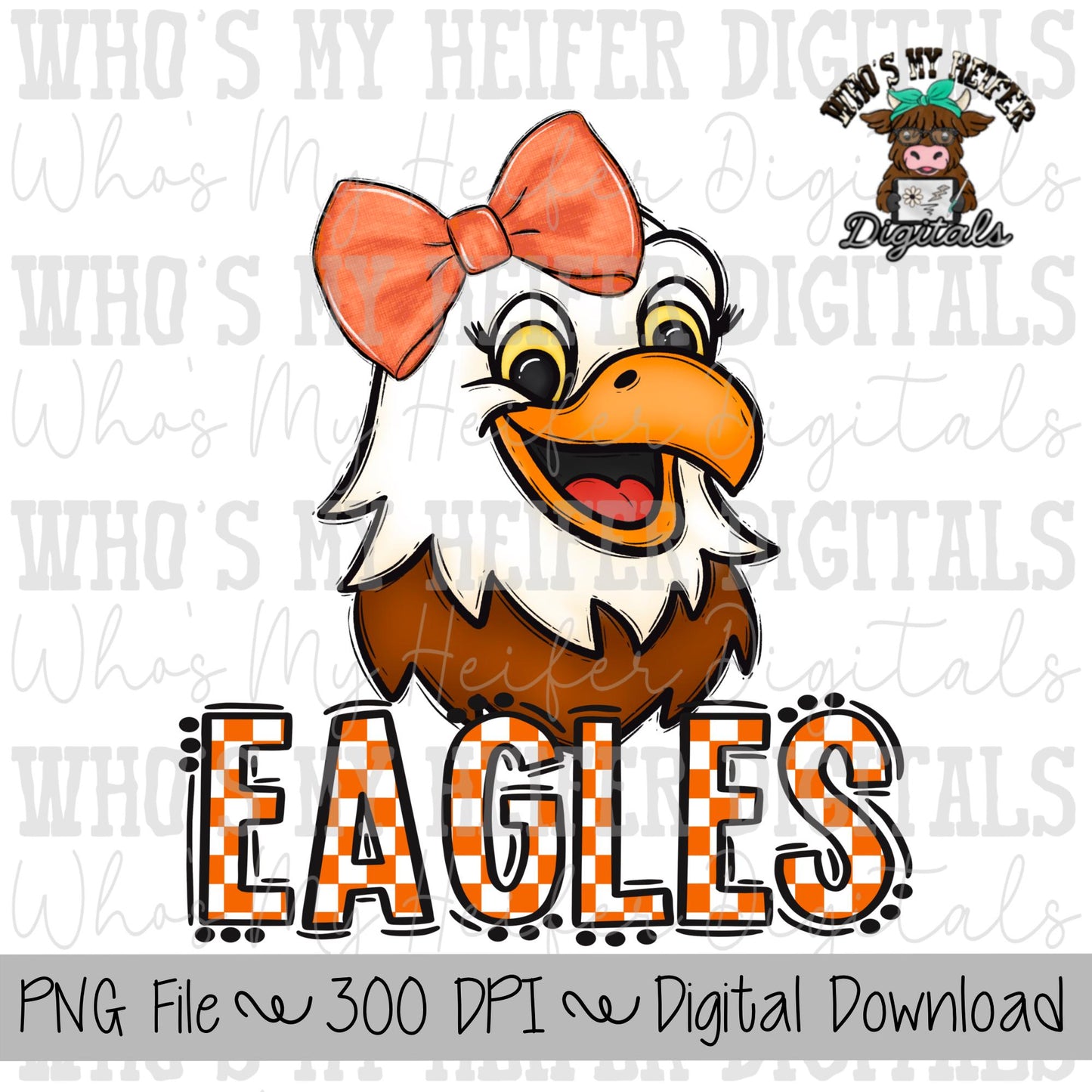 Orange & White Eagles PNG Hand Drawn Eagle with Bow Sublimation PNG Game Day Shirt Design School Spirit PNG Checkered Eagle Doodle Art