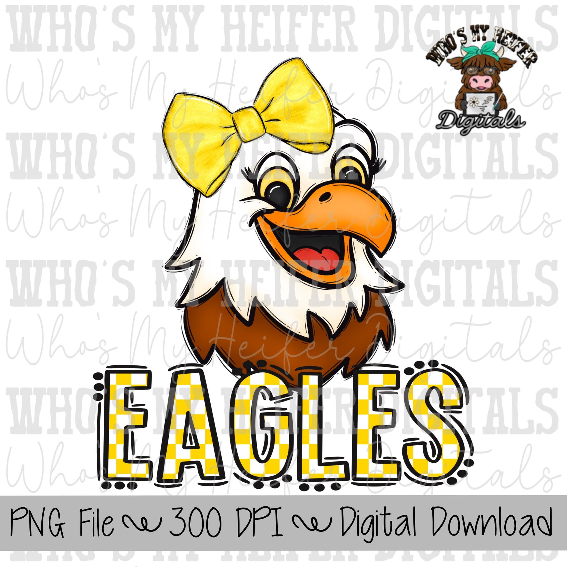 Yellow & White Eagles PNG Hand Drawn Eagle with Bow Sublimation PNG Game Day Shirt Design School Spirit PNG Checkered Eagle Doodle Art