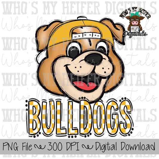 Gold & White Bulldogs PNG Hand Drawn Bulldog with Hat Sublimation PNG Game Day Shirt Design School Spirit PNG Checkered Bulldog Doodle Art