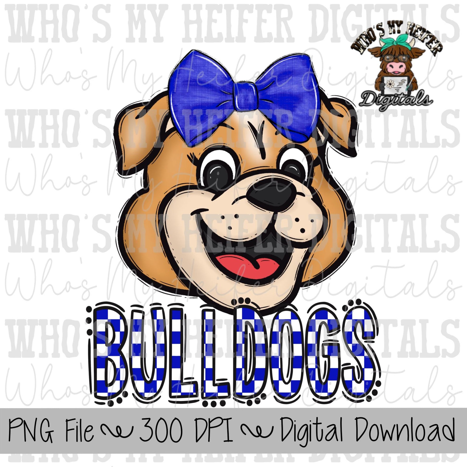 Blue & White Bulldogs PNG Hand Drawn Bulldog with Bow Sublimation PNG Game Day Shirt Design School Spirit PNG Checkered Bulldog Doodle Art