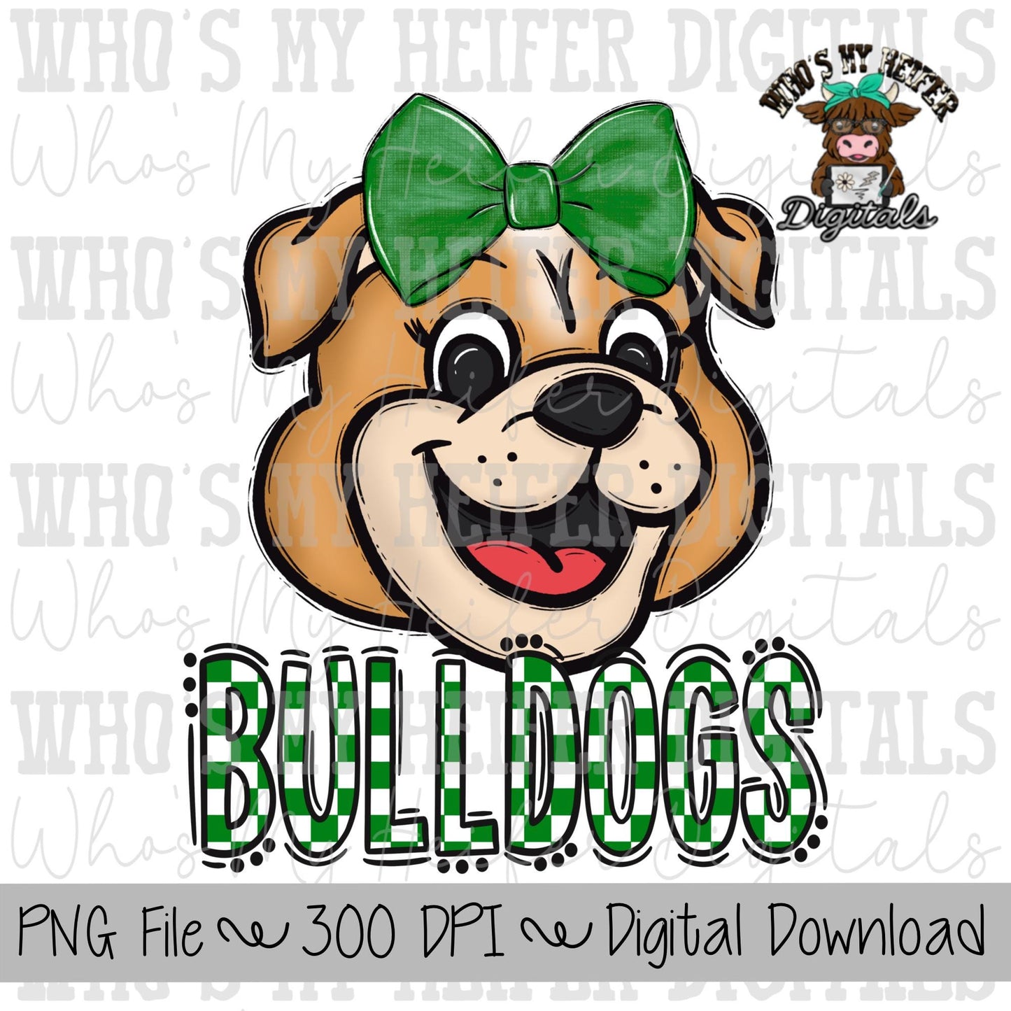 Green & White Bulldogs PNG Hand Drawn Bulldog with Bow Sublimation PNG Game Day Shirt Design School Spirit PNG Checkered Bulldog Doodle Art