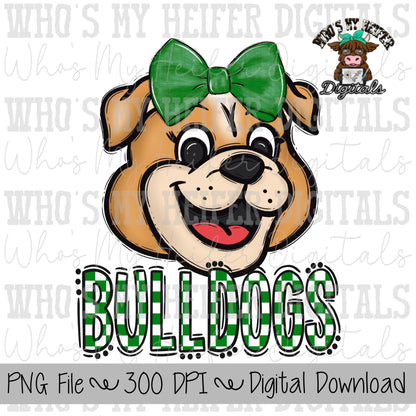 Green & White Bulldogs PNG Hand Drawn Bulldog with Bow Sublimation PNG Game Day Shirt Design School Spirit PNG Checkered Bulldog Doodle Art