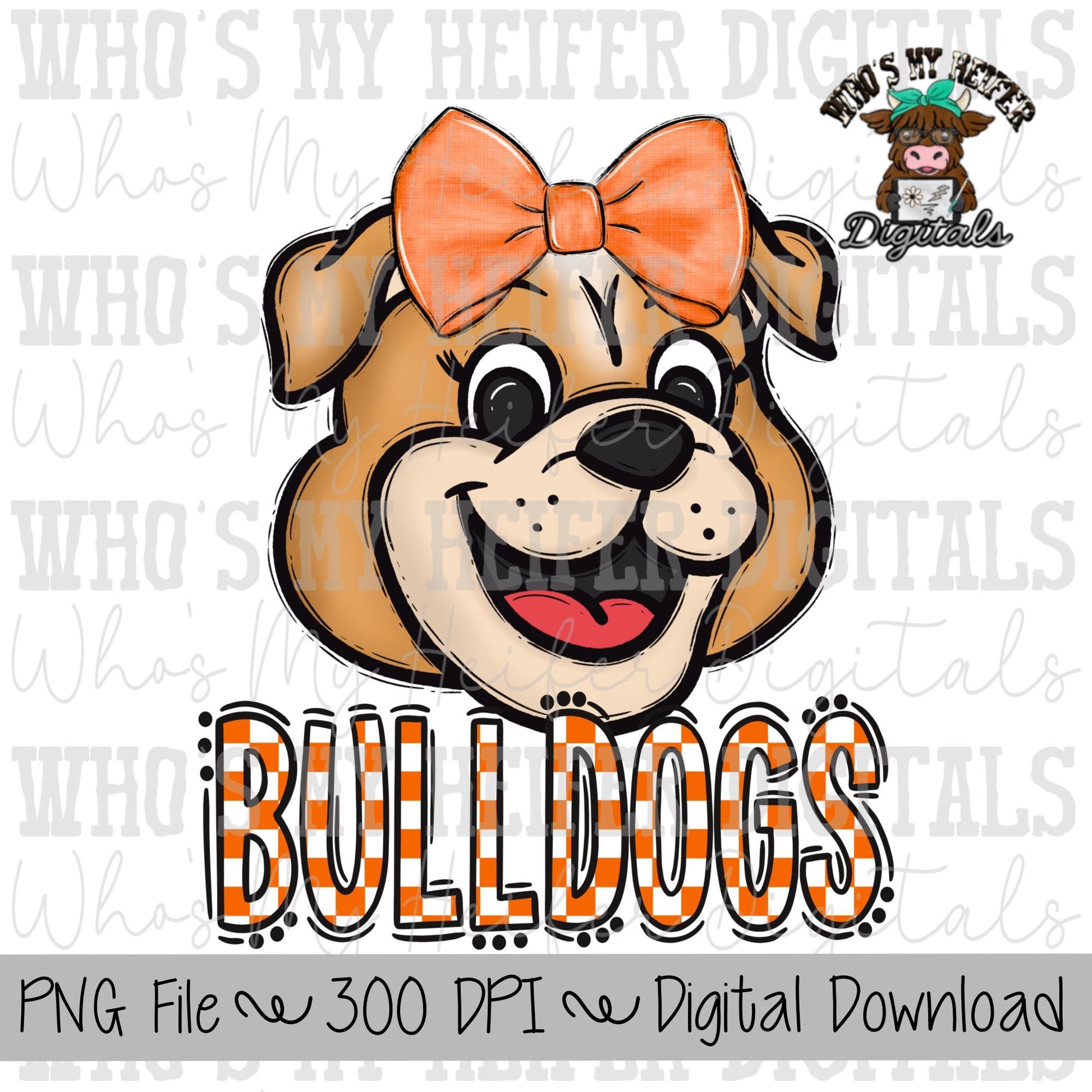 Orange & White Bulldogs PNG Hand Drawn Bulldog with Bow Sublimation PNG Game Day Shirt Design School Spirit PNG Checkered Bulldog Doodle Art