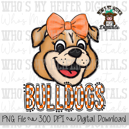 Orange & White Bulldogs PNG Hand Drawn Bulldog with Bow Sublimation PNG Game Day Shirt Design School Spirit PNG Checkered Bulldog Doodle Art