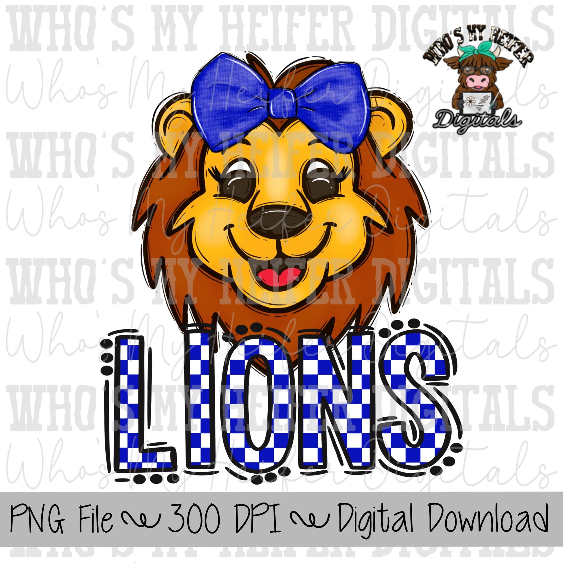 Blue & White Lions PNG Hand Drawn Lions with Bow Sublimation PNG Game Day Shirt Design School Spirit PNG Checkered Lion Doodle Art