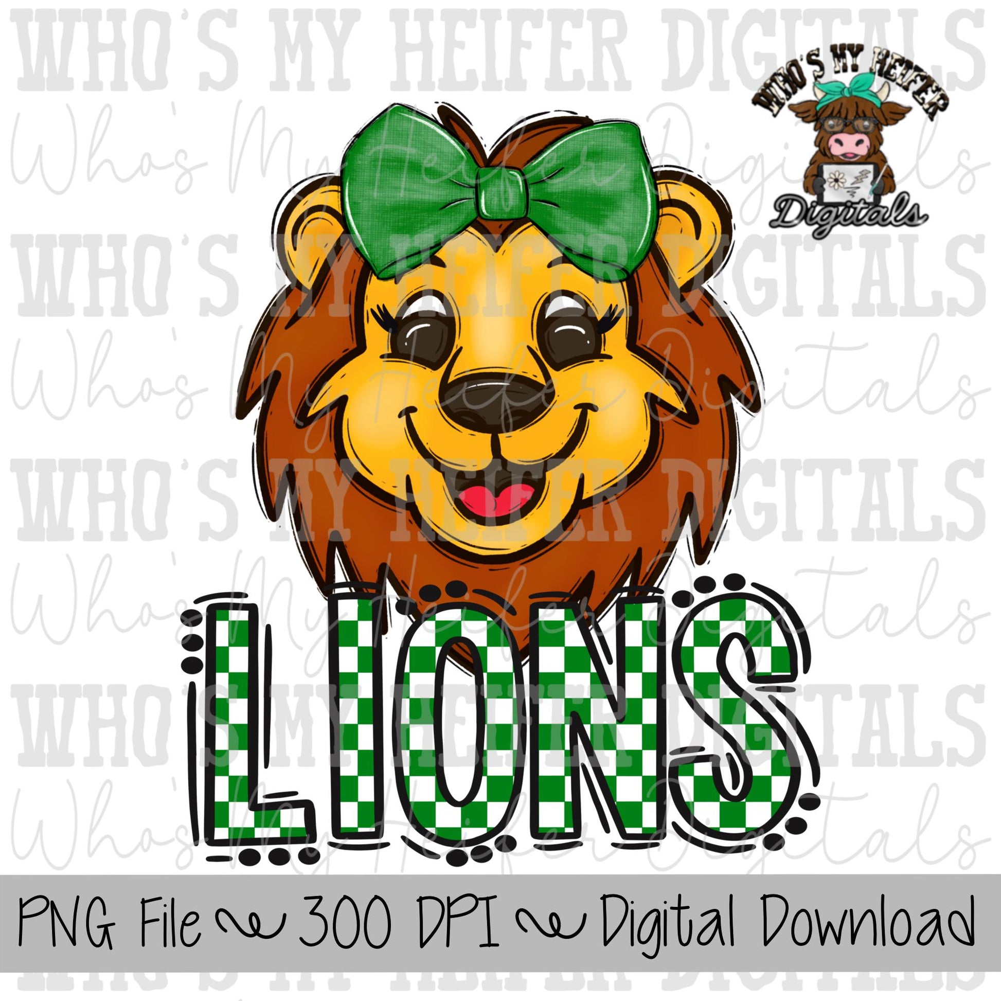 Green & White Lions PNG Hand Drawn Lions with Bow Sublimation PNG Game Day Shirt Design School Spirit PNG Checkered Lion Doodle Art