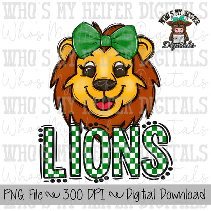 Green & White Lions PNG Hand Drawn Lions with Bow Sublimation PNG Game Day Shirt Design School Spirit PNG Checkered Lion Doodle Art