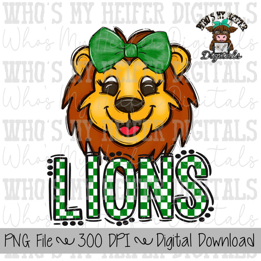 Green & White Lions PNG Hand Drawn Lions with Bow Sublimation PNG Game Day Shirt Design School Spirit PNG Checkered Lion Doodle Art