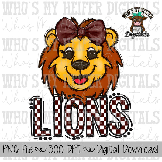 Maroon & White Lions PNG Hand Drawn Lions with Bow Sublimation PNG Game Day Shirt Design School Spirit PNG Checkered Lion Doodle Art