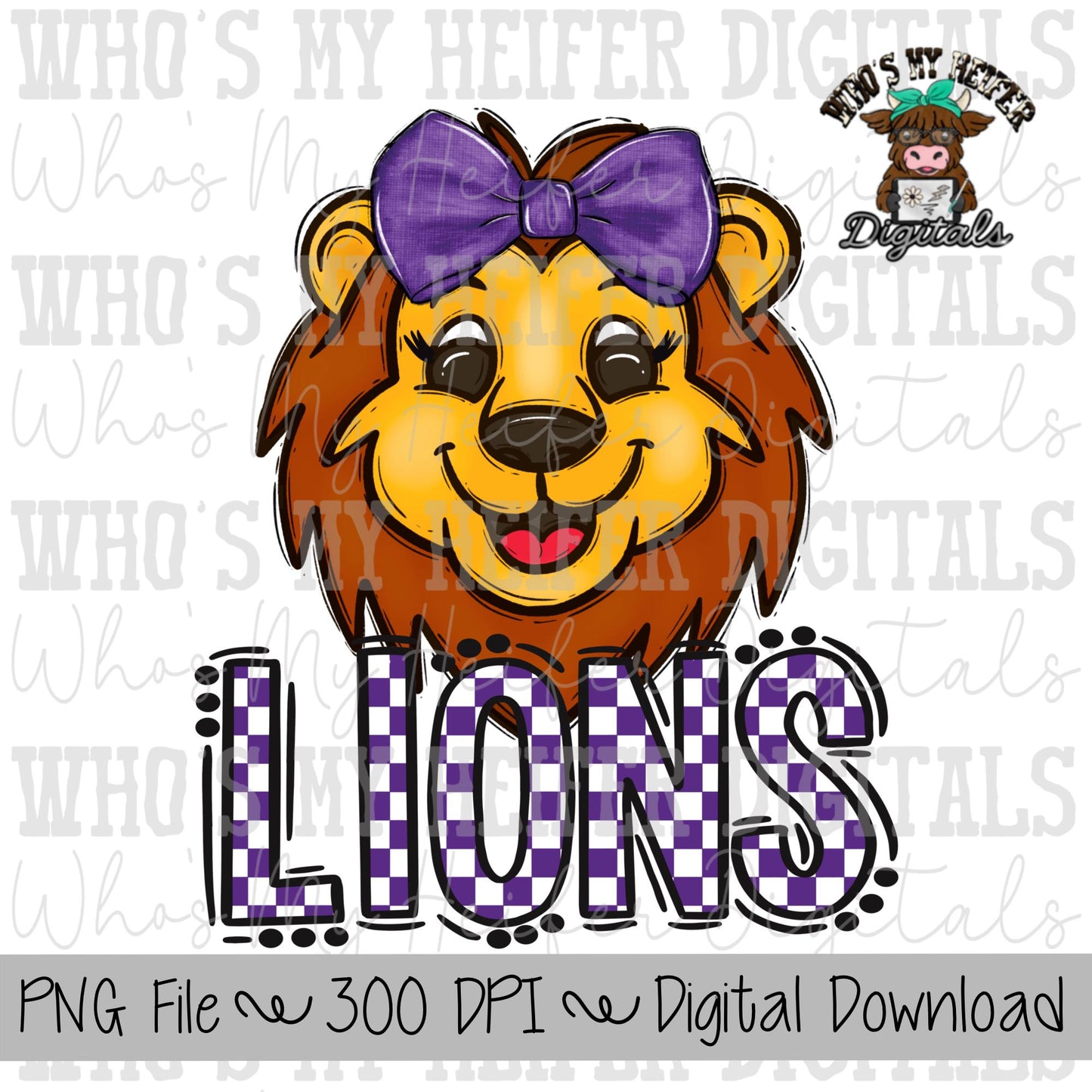 Purple & White Lions PNG Hand Drawn Lions with Bow Sublimation PNG Game Day Shirt Design School Spirit PNG Checkered Lion Doodle Art