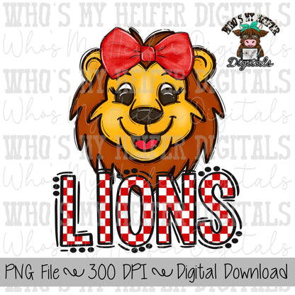 Red & White Lions PNG Hand Drawn Lions with Bow Sublimation PNG Game Day Shirt Design School Spirit PNG Checkered Lion Doodle Art