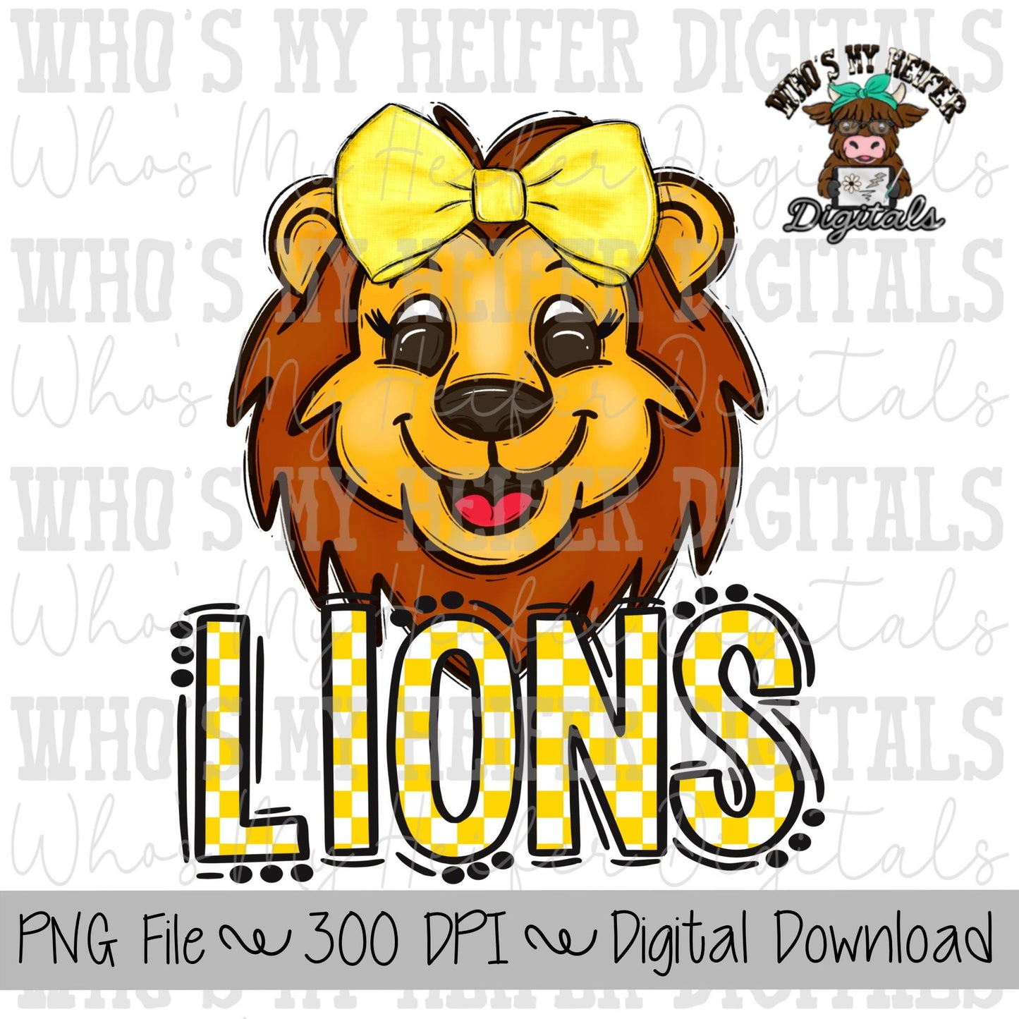 Yellow & White Lions PNG Hand Drawn Lions with Bow Sublimation PNG Game Day Shirt Design School Spirit PNG Checkered Lion Doodle Art